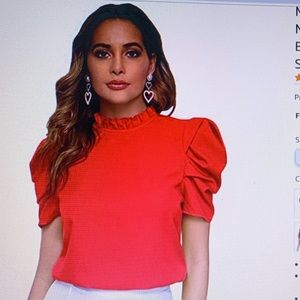 Mock neck puffed sleeves chiffon blouse.